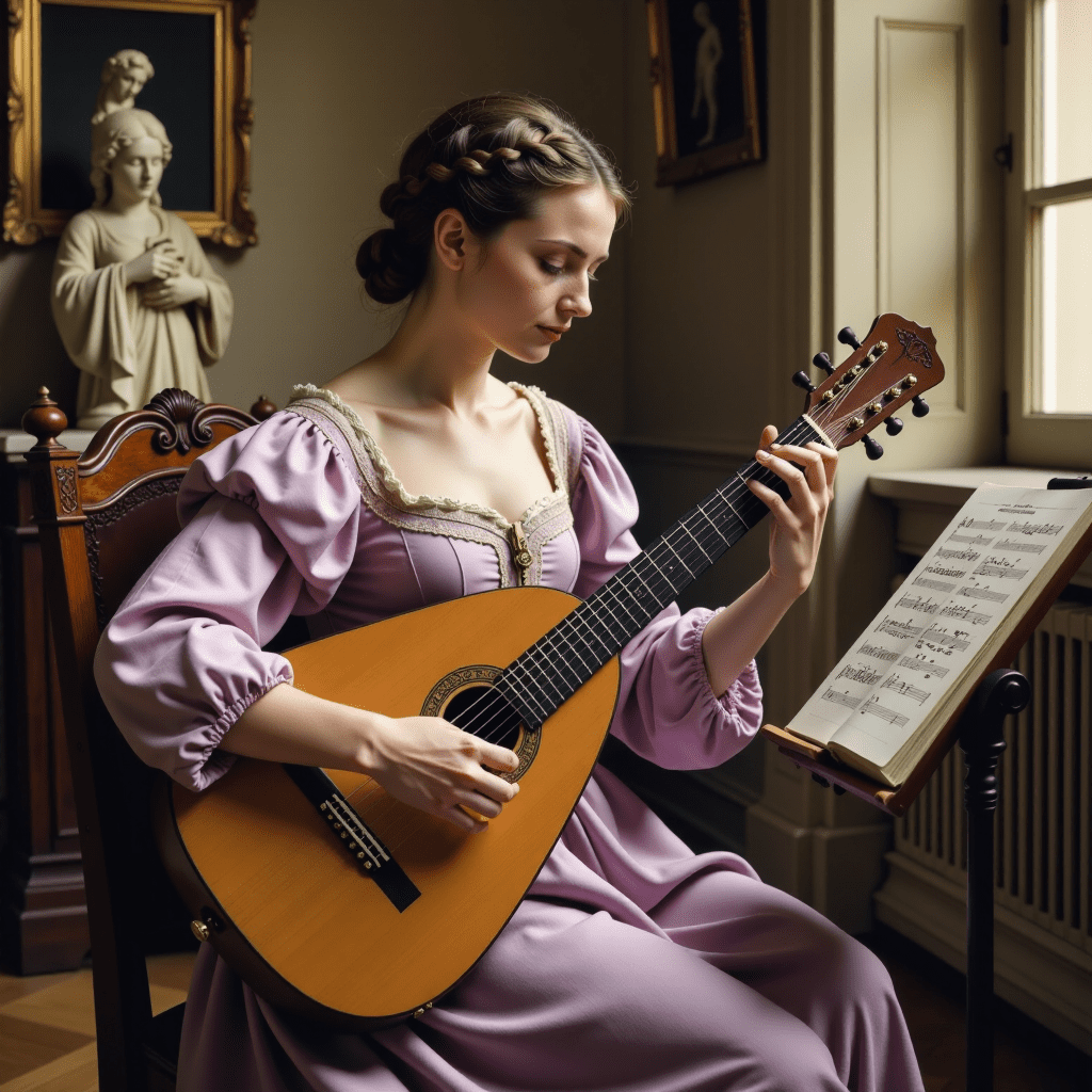 A pretty female musician, playing a big lute, she wears a magnificent pale lilac renaissance dress. Her hair is groomed in a braided chignon. She sits on a wooden chair. A musical score is open on a lectern next to her. Very detailed face. Poignant atmosphere, melancholic aura, hauntingly captivating, warm backlighting, hyperrealistic drawing in a rich renaissance palace ornated with classical pictures and statues; the walls have a beige color
