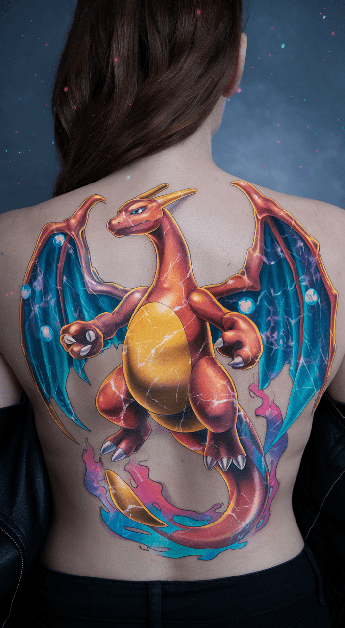 A photo of a woman's back with a hyper-detailed, intricately detailed glossy tattoo of a colorful majestic and giant charizardpokémon is styled as marble with lava-gold glossy marble wings, decorated with prism-flames, blue-flamed orbs emit like star dust from its wings, colorful, intricate details, and elemental magic, the image has a great composition, harmonic colors, and a 4k resolution. The advanced rendering techniques create a lifelike atmosphere, with photon mapping and vxgi contributing to realistic light diffusion, add to the scene's overall realism. .