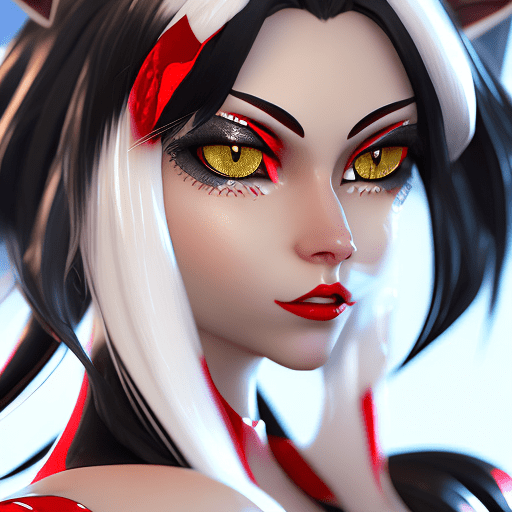 Concept art. Close-up portrait. A cat girl with golden eyes and slit pupils, long flowing two-tone white and black hair, sharp fangs, long red coated fingernails, and red lip gloss, wearing a sleek black cat suit. Soft, cinematic lighting. Soft focus, subtle bokeh. Highly detailed, autodesk maya 3d modeling, zbrush sculpting, unreal engine 3d shading. Pixar, disney, 4k high fidelity textures, slightly moist, natural eyes, artstation trending, high dynamic range colors, cinematic film depth, 3d digital art mastery, ilm vfx quality, 4k resolution, subtle post processing, film grain.