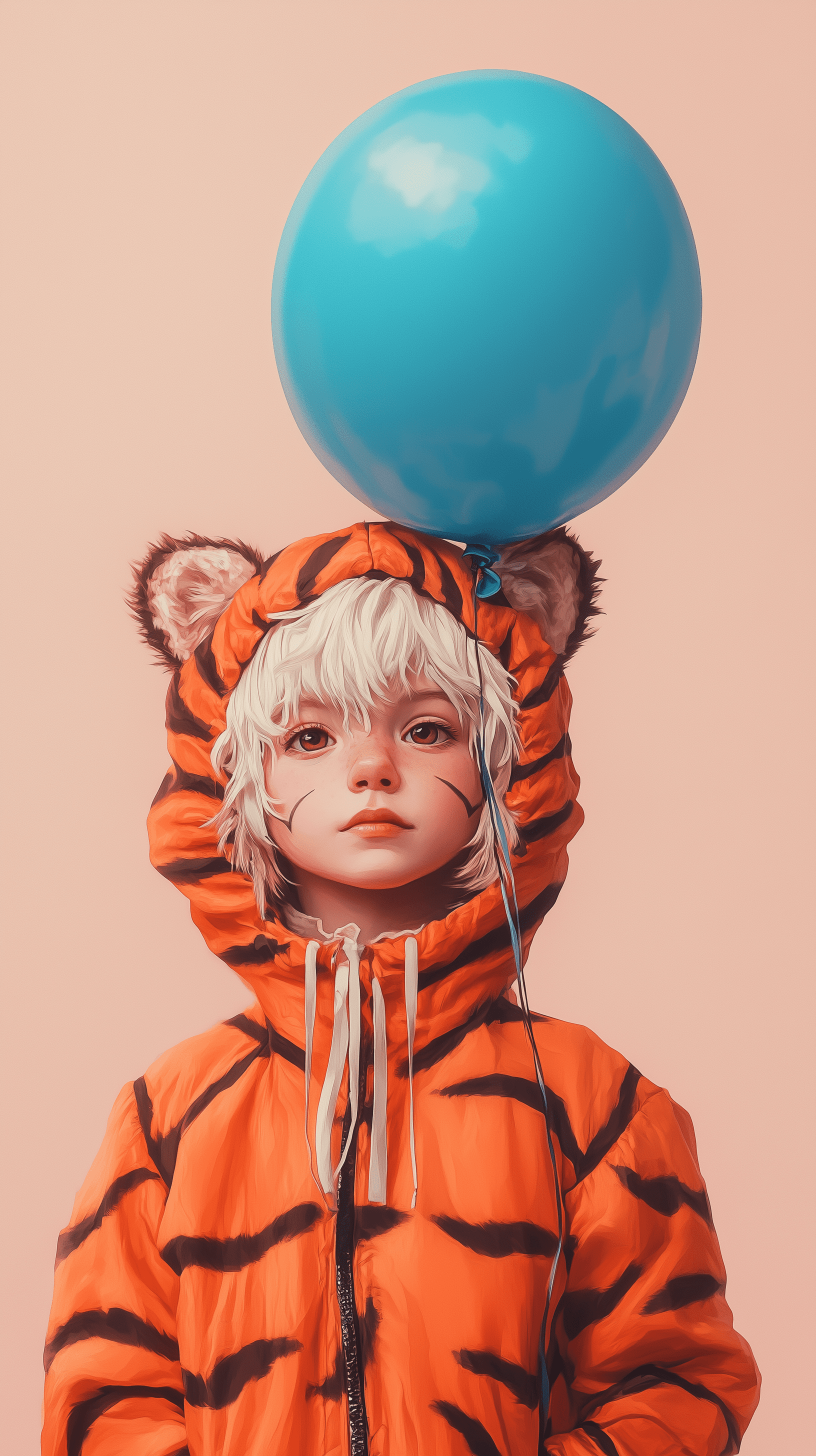 Digital art portraits, boy aged 8, short and white hair color, wearing a playful orange and black tiger costume, holding a vibrant big blue balloon against a solid light pink backdrop, emphasize the polygonal, low-poly art style with smooth surfaces and subtle shading to enhance the serene and delicate nature of the scene, enjoyable emotion in their hazel eyes color and wide-eyed wonder facial expression in a minimalist yet profound expression, utilize soft lighting to cast gentle shadows on the face, maintaining a focused composition with the flower centrally placed to draw attention --ar 9:16 --style raw --stylize 300 --v 6. 1