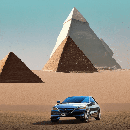 Sea, high tower, digital pyramids, sports car, high way, egypt