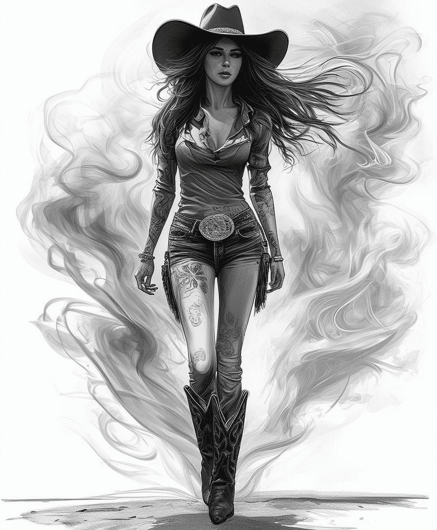 A digital drawing of an urban cowgirl, full body, walking on the street, wearing cowboy boots and hat through smoke
