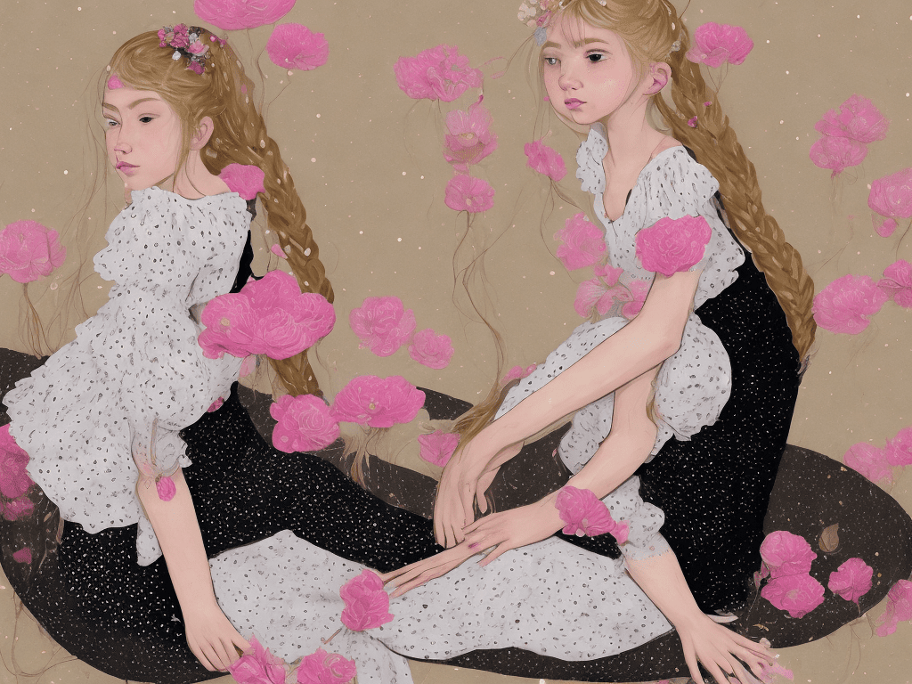 A whimsical, surreal illustration depicts a young girl sitting on a cushioned surface in a contemplative pose, slightly turned to her left with a melancholic expression. She has pale blonde hair styled with large pink flowers adorned with white polka dots and golden centers, along with delicate braids and bangs framing her face. The girl wears a white off-shoulder dress with a black belt around the waist, form-fitting black tights, and shiny black high-heeled boots featuring intricate gold details and laces. Her right hand rests gently on her lap while her left arm is slightly bent at the elbow. To her left, there's a small, worn-out rusty steampunk toy robot sitting on the light brown wooden floor. In the background, a rustic steampunk clock with an elaborate design hangs on the wall, featuring a circular clock face with intricate patterns and steampunk mechanical details. The room features soft beige walls, creating a warm and nostalgic atmosphere. The overall color palette includes soft peach, light beige, ivory, dark brown, black, pink, and touches of gold, contributing to a dreamy ambiance. The lighting is diffused, coming from the front-left side, which highlights the subject without harsh shadows, enhancing the enchanting quality of the scene.