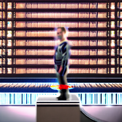 A cinematic shot of a live show with a celebrity hologram. The host is a clean-shaven, older white man has long blonde slicked back hair with a smarmy swagger, wearing a colorful striped tracksuit and an array of gold jewelry. He stands on a raised platform. The background contains a hologram podium shrouded in mist and a led backdrop with the show's logo "erase and replace". The audience is filled with eager faces.