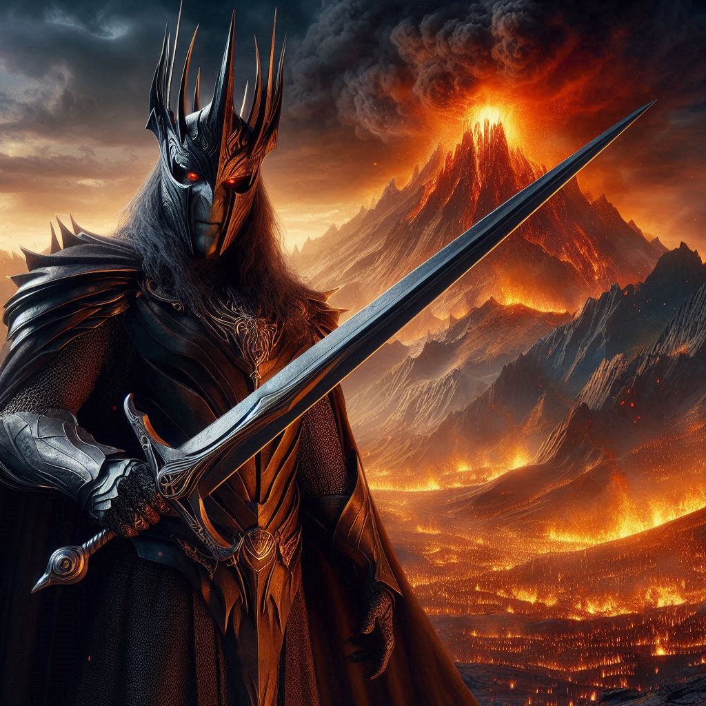 Ultra realistic, 35mm, image of a large 3d, the lord of the rings, sauron character, wearing his signature black armor and black crown holding his evil sword, standing near the fiery land of mordor with mount doom as the epic background, 16k uhd highlight the details