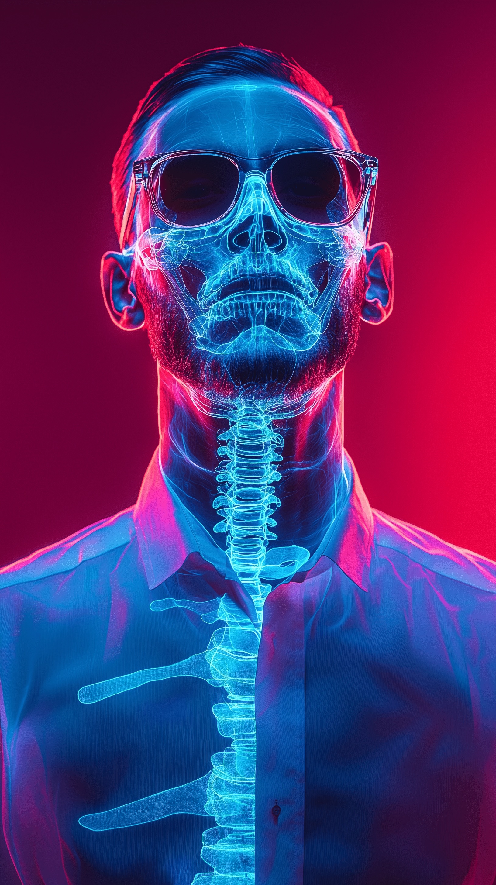 Digital art, man wearing a minimalist, white shirt, utilize x-ray effect to subtly display his skeletal framework in a glowing blue, contrasted against a thermal backdrop that shades from icy blues at his extremities to intense reds at his torso, depicting body heat, artistic representation merges minimalistic style with advanced imaging techniques to explore the interplay between external appearances and internal realities, 4k, rich detailing --ar 9:16 --quality 2 --style raw --stylize 300 --v 6. 1