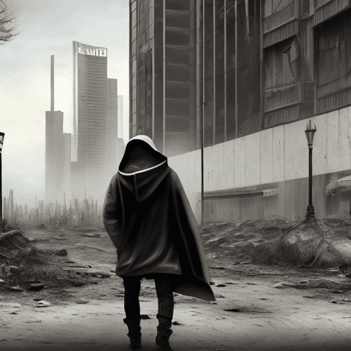 Realistic image of ruined post-apocalyptic frankfurt city skyline. Many traffic in the front.