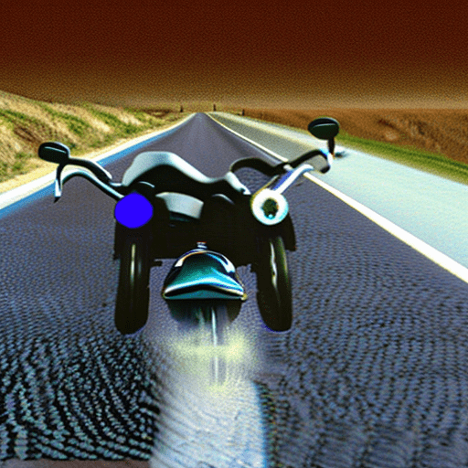 Hi resolution 3d picture of a dog driving a motorcycle through a road next to the beach