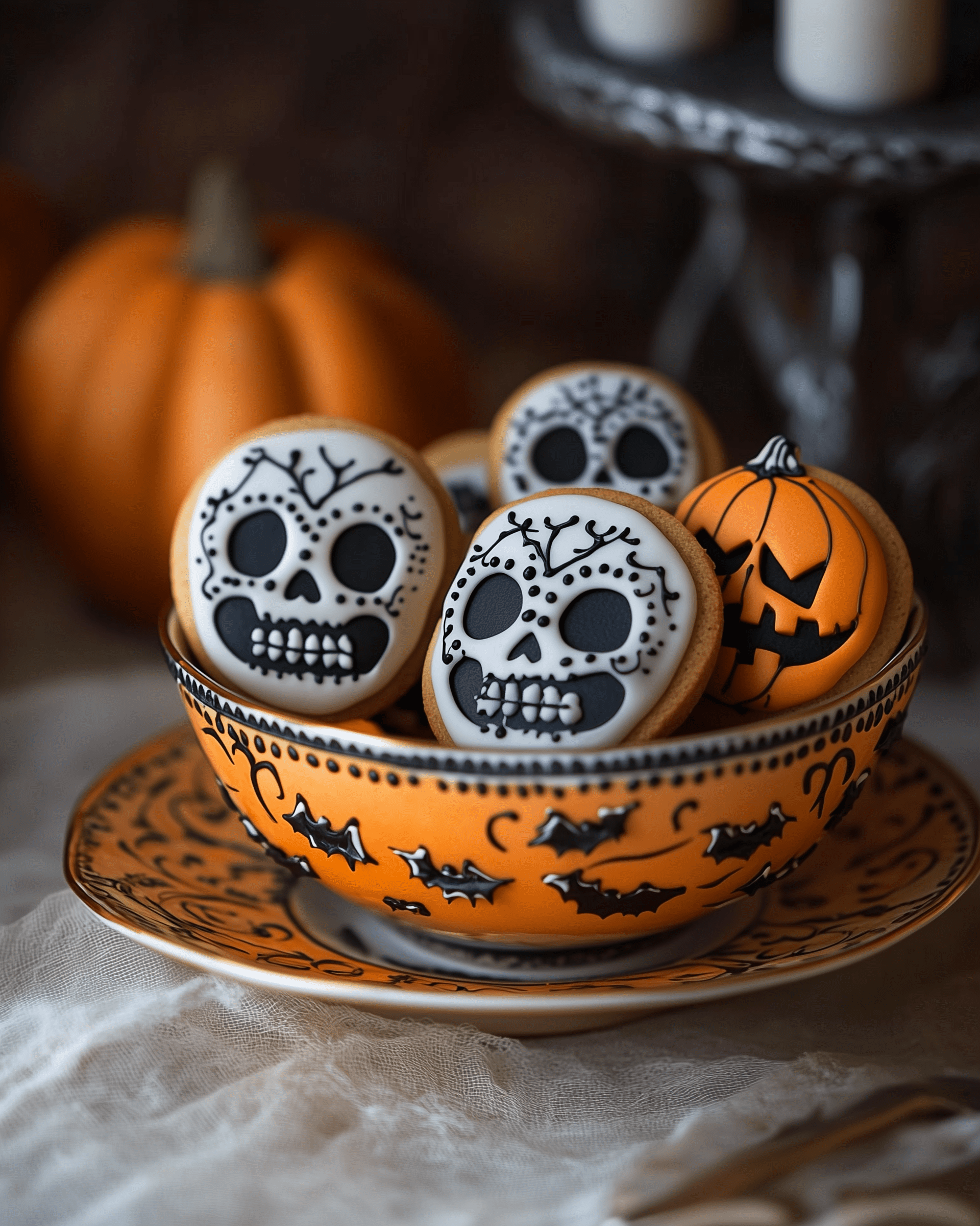 Halloween cookies with skull and pumpkin designs, spooky-themed food photography, high resolution, detailed textures, professional studio lighting, shot on a canon eos r5. --ar 103:128 --v 6. 1