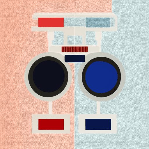 A pair of modern binoculars in a flat vector illustration style. The binoculars have a sleek design with clean lines and are accented with a mix of red and blue on a white background. The colors are balanced, with red and blue highlights on key areas like the lenses and focus dial. The overall look is minimalistic yet vibrant.