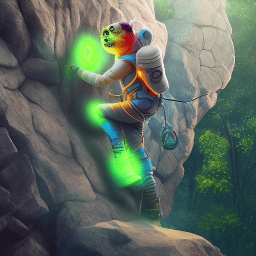 High-resolution picture of a cyber geko climbing a boulder. The geko has wires coming out of its body and it is wearing climbing shoes and chalk bag. It has one yellow eye and one purple one. Play with the shadows of the picture. Cozy atmosphere; 8k, intricate detail, realistic light