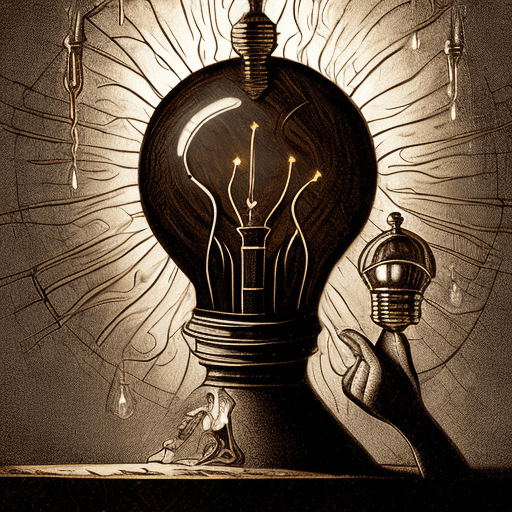 A captivating dark fantasy illustration showcases an intricately designed metallic figure with a light bulb as its head, casting a warm and eerie glow. The vintage anthropomorphic form, adorned with intricate details, sits on a decorative base. Clutching a faucet, water droplets drip down, adding to the mysterious ambiance. The muted brown background, wooden surface, and solitary pencil hint at the figure's potential creative pursuits, evoking a sense of antiquity and intrigue in the architectural and illustrative painting. , illustration, dark fantasy, painting, architecture