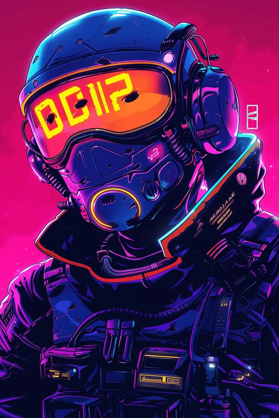 Use neon synthwave colors such as purple, royal blue and black and use cartoonish art style to create a hi-tech midnight motoryder pilot. Close up portrait