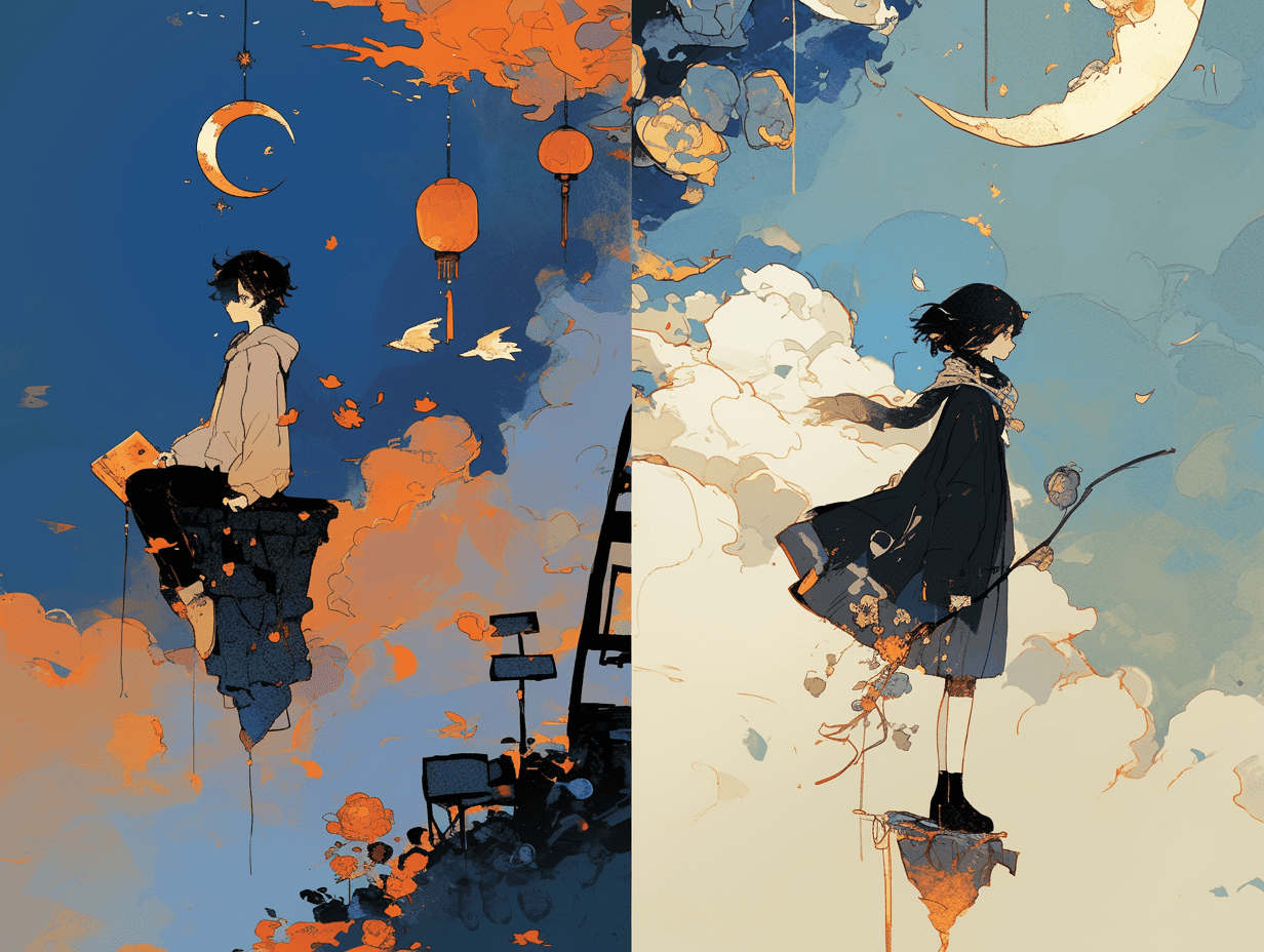 Deep blue sky, orange, kongming lanterns flying in the sky, late at night girl and boy in love , flower theme, cute atmoshpere, the picture is split into two parts, with the left side featuring a male character and the right side featuring a female.