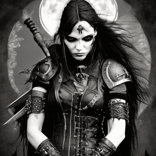 Grunge style, stylish female, (a formidable heroine:1. 3) , (gothic fantasy:1. 25) , (warrior biker:1. 2) , dark gothic beauty, formidable armor, ornate engravings, motifs, spiked gauntlets, leather vest, skull ornaments, mystical symbols, ethereal glow, fierce countenance, beauty, moonlit battlefield, (eerie lighting:1. 2) , (punkrock hues:1. 1) , (intricate patterns:1. 15) , textured, vintage, cinematic, punk rock vibe