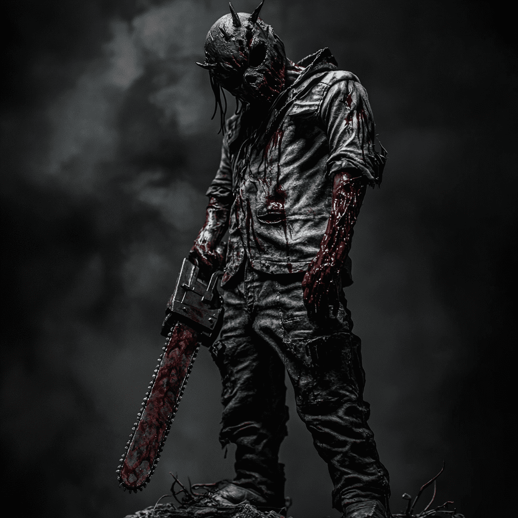 In the style of a silent hill horror movie cloudy grey backround full body shot of a killer with chainsaw with demonic mask with a bloody chain and gun being sinister, hyper realistic, fear. Black background, menacing cinematic lighting--c 25