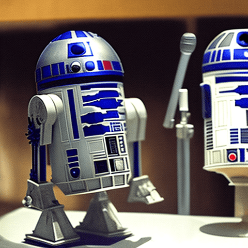 R2d2 speaking into a microphone while hosting a podcast from an alien’s garage studio
