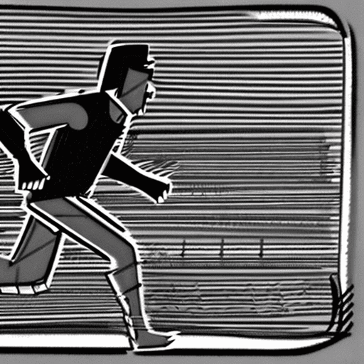 Full shot of a man running from left to right. Sketch style, black and white.