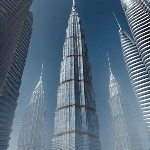 A striking realistic perspective image of an ultra-modern single-column tower built 2000 floors high, using 30 million sea containers. The tower stands prominently in line with other iconic towers - jeddah tower, burj khalifa, taipei 101, petronas towers, sears tower, world trade center, empire state building, and chrysler building. The towers are aligned around the new building for a full-scale view and comparison. The image must highlight the magnitude and height difference.