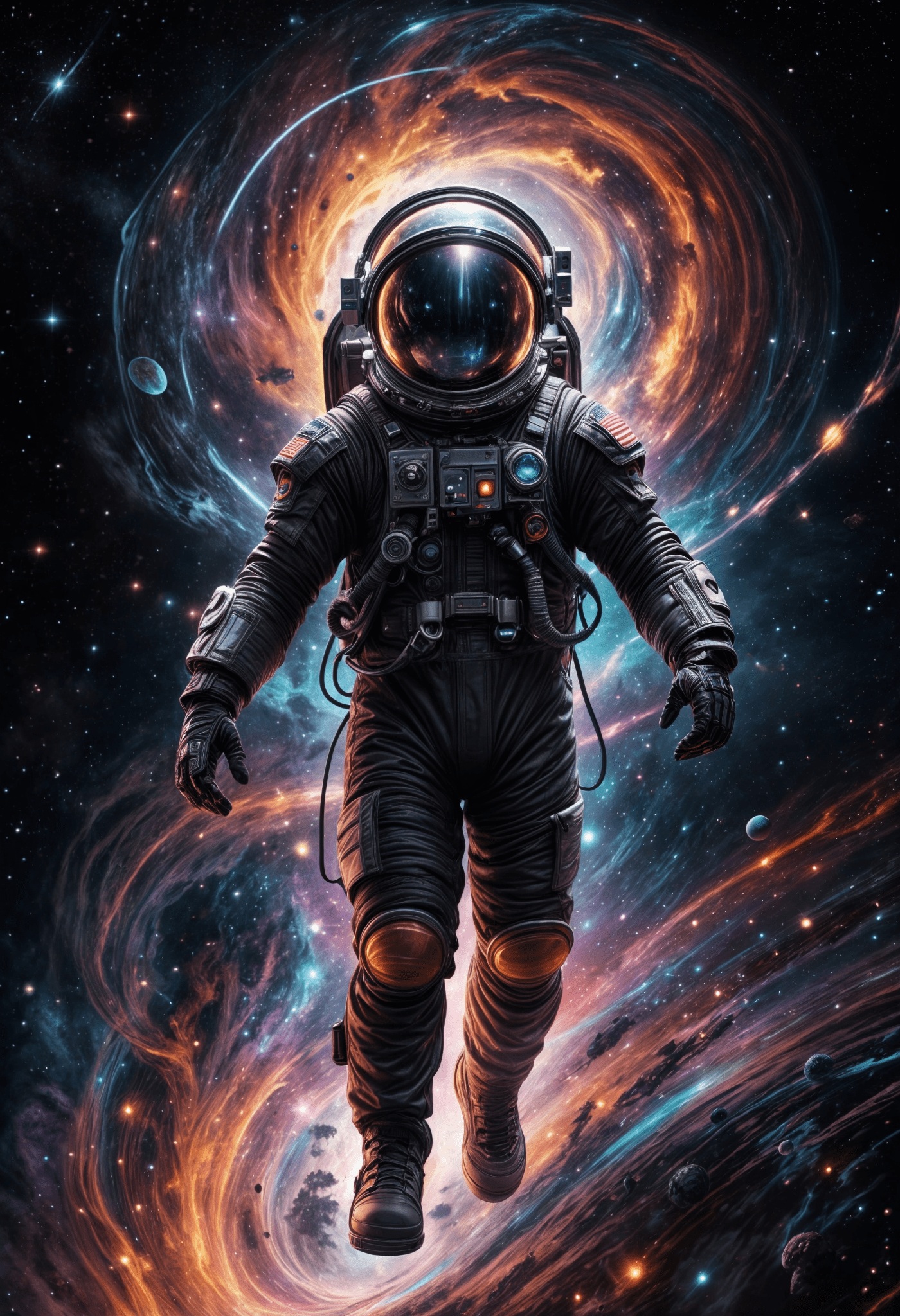 A digital artwork depicting an astronaut floating in outer space, surrounded by a vibrant cosmos. The astronaut, positioned slightly right of center, wears a detailed black spacesuit with visible seams, padding, and a large circular helmet reflecting soft light. The suit appears slightly illuminated from behind, creating a glowing effect. The astronaut's body is tilted backward with one arm raised