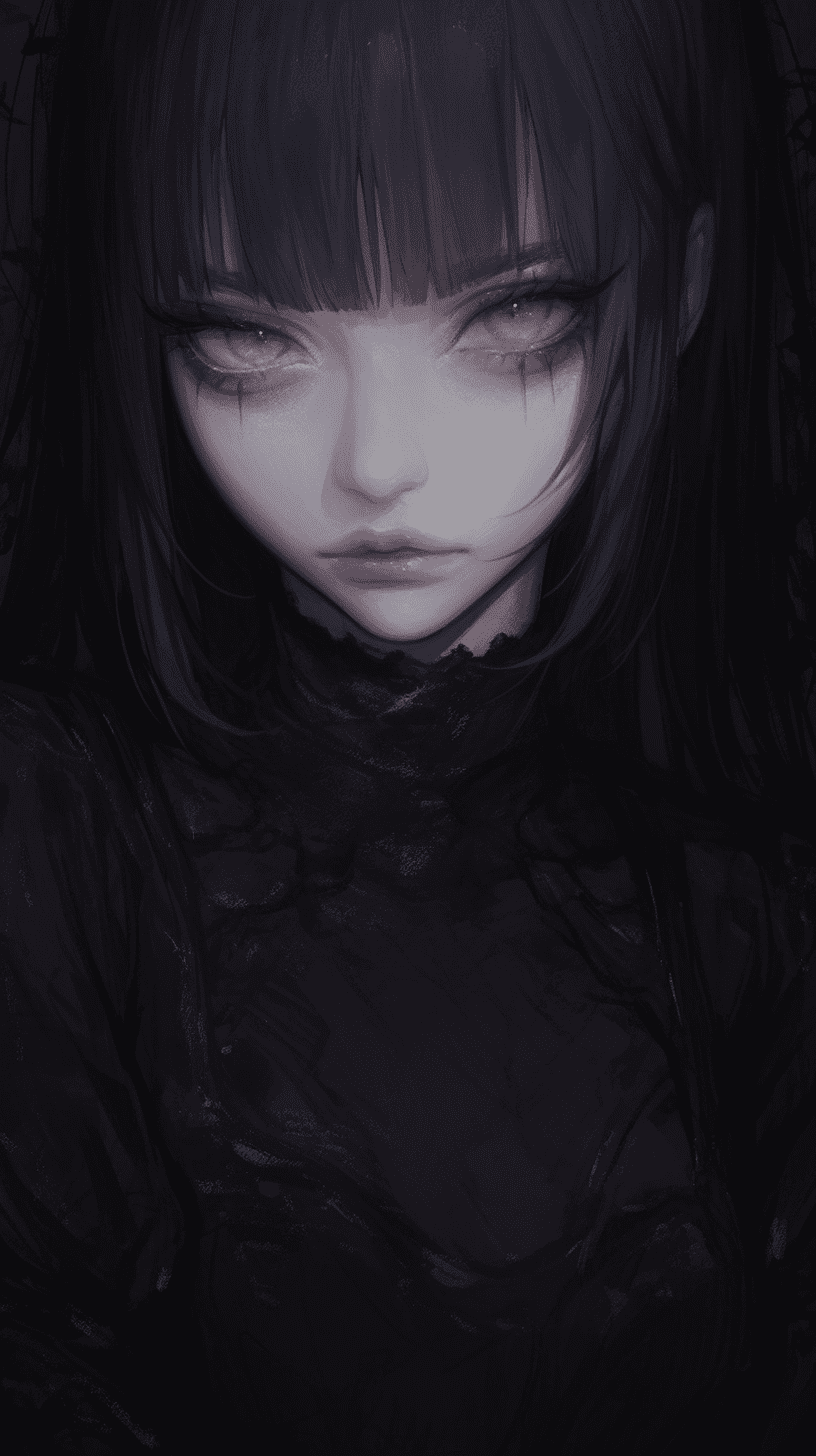Gothic anime style, a girl is cold and arrogant, pale skin, white makeup, purple eyes, black hair, dark background, beauty, delicate