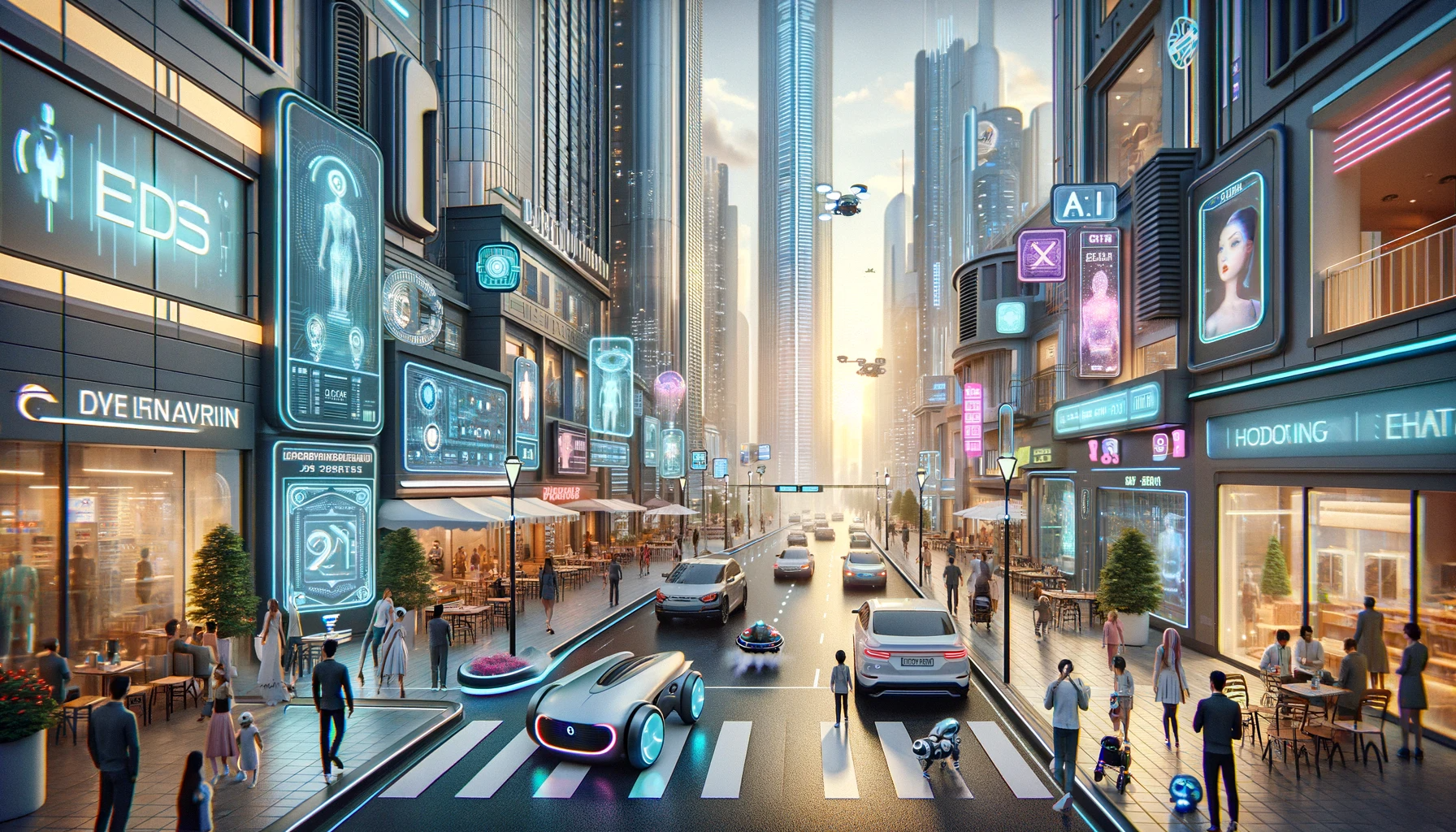 A realistic and detailed depiction of an urban city street 300 years in the future, where the environment is ai-driven. The architecture has advanced, with sleek and high-tech skyscrapers. The street is bustling with a diverse range of people, some of whom are interacting with advanced technology like personal ai assistants and holographic displays. Autonomous vehicles and drones are a common sight, seamlessly integrated into the traffic system. There are also robotic pets accompanying their owners. The shops and cafes have digital interfaces for ordering. The scene is a harmonious blend of technology and daily life, showcasing a future where ai enhances every aspect of living. The color palette includes modern metallics, neon accents, and soft glows from the various futuristic devices and vehicles. Masterpompter. Robiness.
