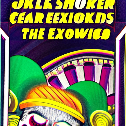 Joker shoots a car with a grenade launcher, the car explodes, in the background there is a logo of a clown hat with bells with the name joker