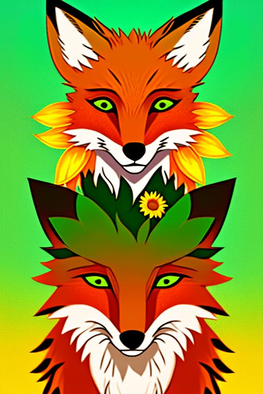 Stylized digital art portrait of a fox with short spiky hair, holding a sunflower, he has deep green eyes and wears a simple white t-shirt, background is a gradient of warm orange and yellow, evoking a sunset glow, thick outlines, flat shading, minimalistic, high contrast, hd quality, natural look