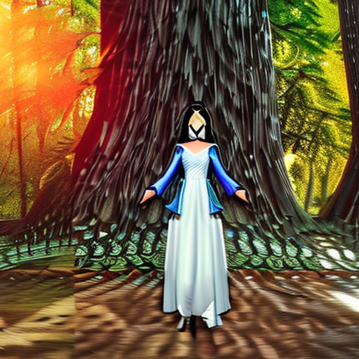 Woman walking in a forest sunlight, the woman has medium dark messi hair, and dress like a thief caracter of mmorpg style, also dressing like a magic ninja, symetrical art, paterned background, digital art