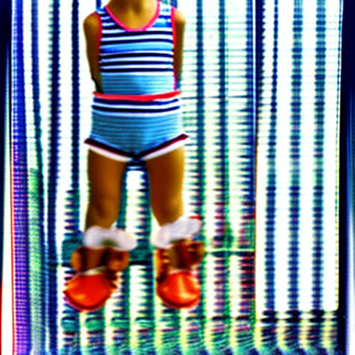 High resolution photography, 1980's, 10-year-old girl, honey blonde, blue eyes, pink and white vertical stripe sunsuit, jelly shoes, hands on hips, realistic skin,