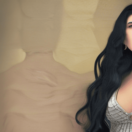 A woman in a frontal pose with long, voluminous black hair, wearing a low-cut black dress with lace detailing, a black choker, and a pendant necklace. She has a confident, alluring expression, and the background is a rich, textured gold, contrasting with her dark attire