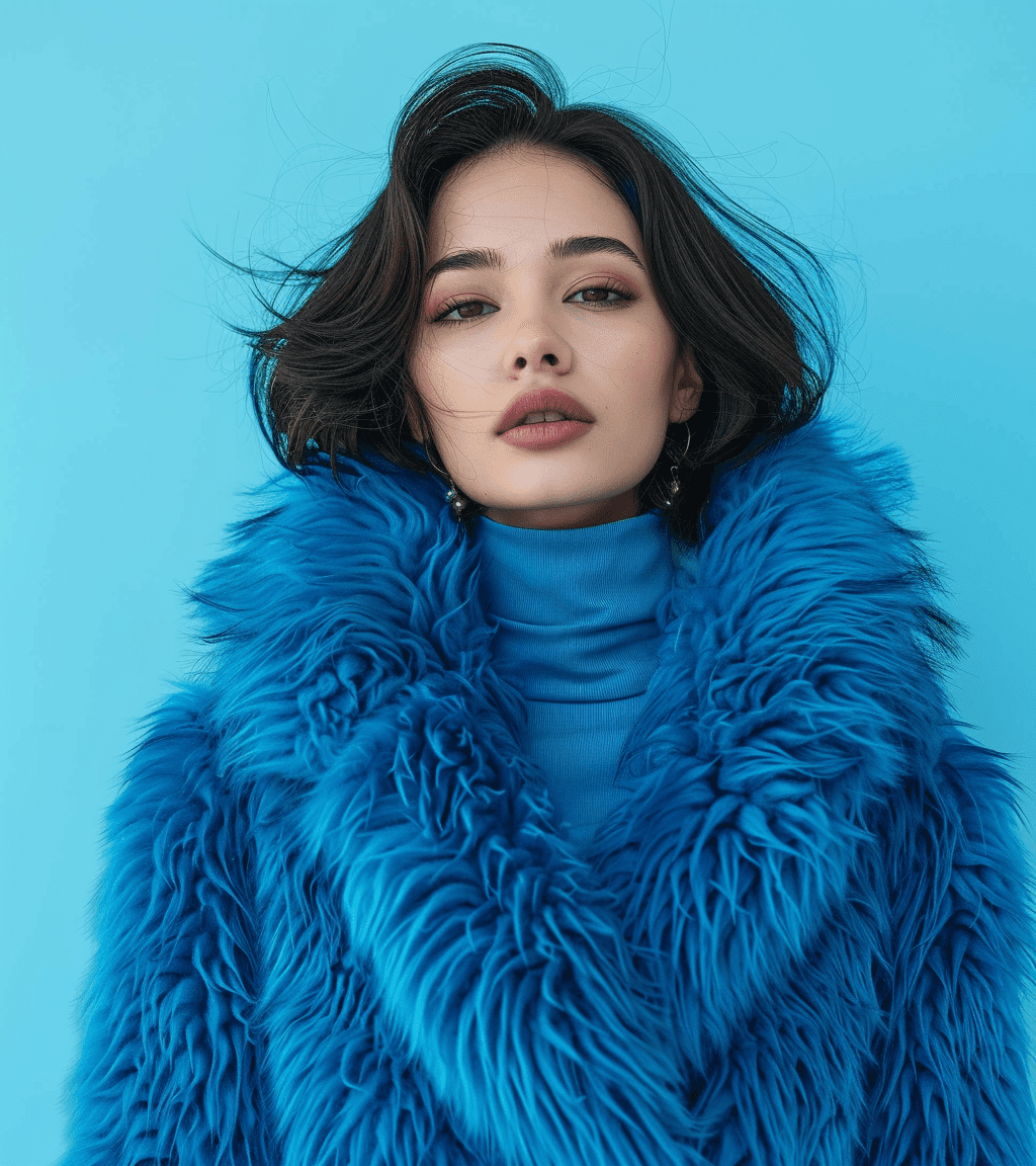 A woman in a blue fur coat for a magazine, in the style of playful poses, 8k, soft color blending, exaggerated poses, nikon d850, highly realistic, imitated material.