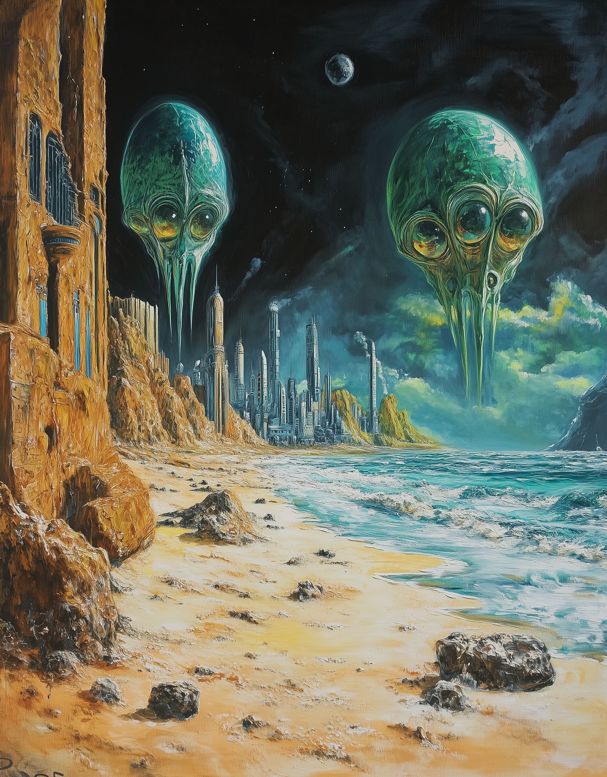 Oil painting of aliens on the beach with an alien city in the background, in the style of roger dean. Vivid colors and detailed eyes. --ar 25:32 --v 6. 1