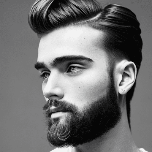 Mann, man, model pose, minimalist, stylish nessy long hairstyle, beard, profound gaze, solid white environment, studio lights setting