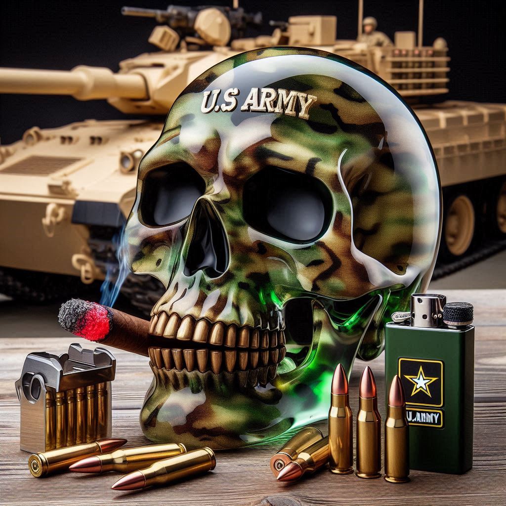 Ultra realistic, 35mm, large 3d camouflaged crystal skull, add the u. S. Army logo on it, surrounded by military bullets, resting on a tan army battle tank, the skull smoking a detailed cigar with vibrant red ash at the end, on the table next to the skull, green chrome lighter, cutter, ammo and, green army ammo box , epic military background, detailed image