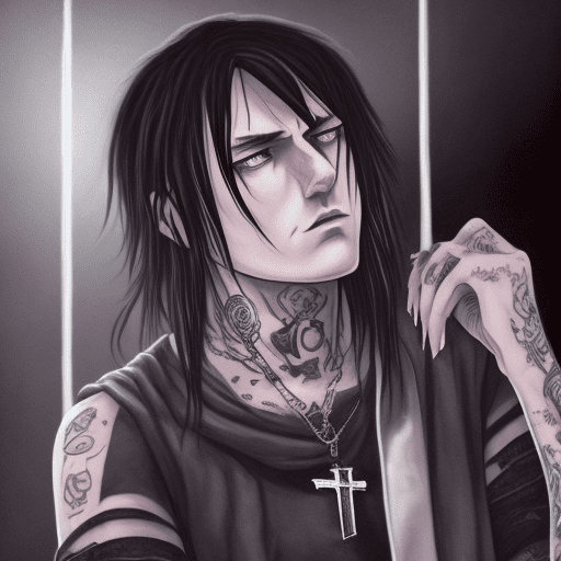 A digital painting of a brooding, goth character with long messy black hair, tattoos, and casual dark clothing. The scene is dimly lit with soft, atmospheric lighting. The color palette is muted, with dark grays, blacks, and hints of soft pinks and blues in the background. The character wears rings and a cross necklace, sitting in a relaxed, contemplative pose. The lighting creates a moody, intimate environment, with soft shadows and a focus on the character's facial expression and tattoos. The overall art style blends realism with a painterly, slightly blurred finish, focusing on emotional depth and atmosphere