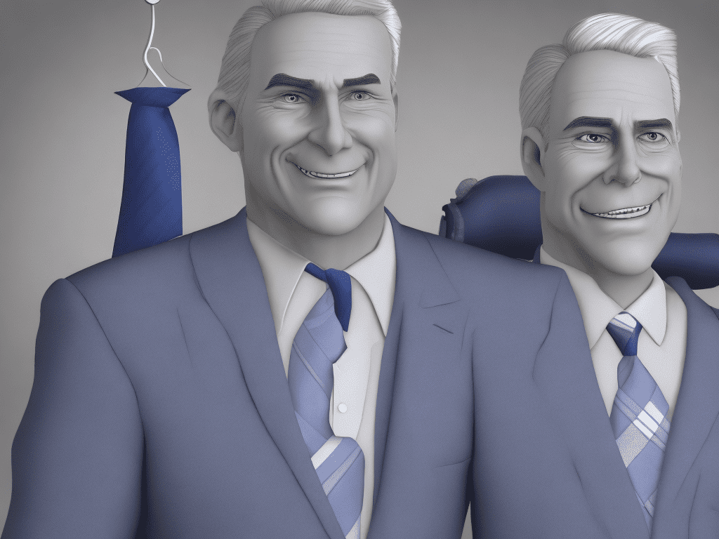 You are a disney pixar artist. Create a disney pixar 3d style image of a 50-year-old male executive with short, grey hair and a neat part. He has blue eyes. He is clean shaven and smiles at the camera. He is dressed in a navy blue suit with a white shirt and a very elegant and formal grey tie with blue stripes. The background of the image is white. The image must be elegant, friendly, convey confidence, optimism and action. The image shows the entire body.