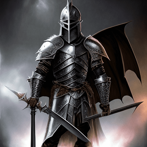 A dark fantasy knight in medieval armor with a dragon-shaped helmet, holding a sword. The scene has a gothic, mystical atmosphere, with a focus on intricate armor details and glowing eyes. The colors are metallic, dark, and brooding.