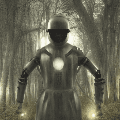 Cybernetic style dull outdoor forest, photo of a knight with no face, wearing opened helmet no face helmet, dull and haunted , by alessio albi dark photo of creepy vintage black knight, very detailed, atmospheric haze, film grain, cinematic film still, shallow depth of field, highly detailed, high budget, cinemascope, moody, epic, overalldetail, gorgeous, 2000s vintage raw photo, by norman ackroyd , colored_film_photography, depth of field, detailed , a photo of gorgeous by ernesto neto, by karl blossfeldt, medieval style knight alexander mcqueen & jeremy scott 1970, beksinski, closed helmet, hidden face. Futuristic, technological, cybernetic enhancements, robotics, artificial intelligence themes
