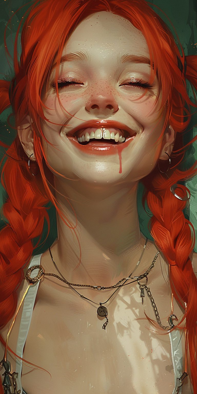 A red-haired girl with pigtails smiles and shows her teeth, in the style of a disney-style cartoon drawing, in the style of esad ribic, in the style of simon stålenhag, in the style of pete mohrbacher, in the style of cardassia. Trending on artstation, concept design full-body character design, trending on pixiv fanbox, niji5, stylized 80s. --ar 1:2 --s 250 --v 6. 0 --style raw