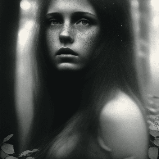 Stunning alluring medium length portrait of a gorgeous girl in a mysterious forest, sparking eyes, faded freckles, black and white, by sally mann, soft focus, natural lighting, dusk, high dynamic range, deep blacks, depth of field, professional dsrl camera, highly intricate photography, extremely detailed, beautiful hair and skin textures