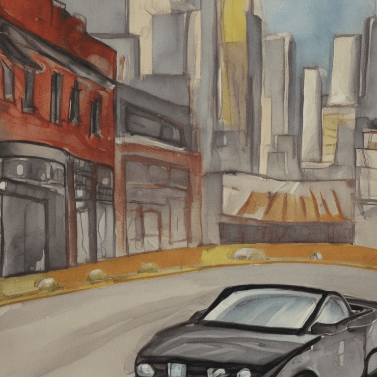 A car driving through the city, painting by baskiat