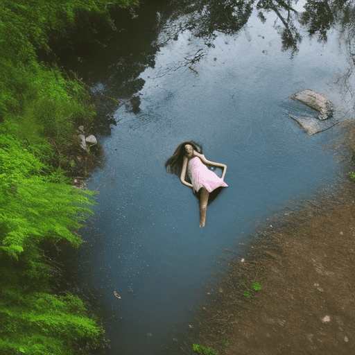 Above shot, girl sleep in water river, her body sink into the water, there is only the face above the water. Thin wthie dress, some low-cut dresses, a set of clothes that float along with the flowing water, cup g, raining, wet
