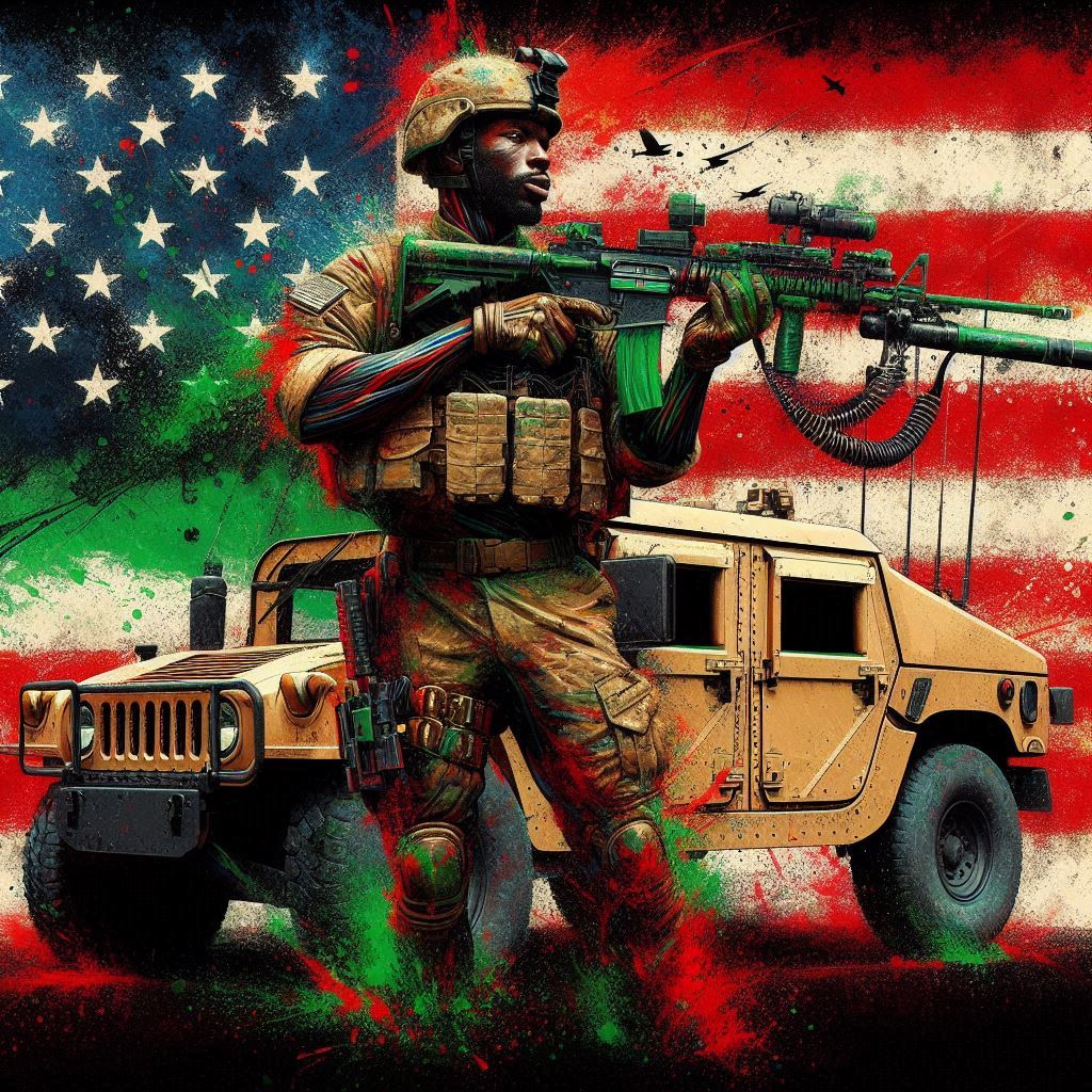 Hyper realistic image in a contemporary african american art style, with splashes of afro futurism, of a african american military trooper holding his military rifle, standing in front of a tan military humvee, red, green, black colored us flag in the background, 64k uhd highlight the details