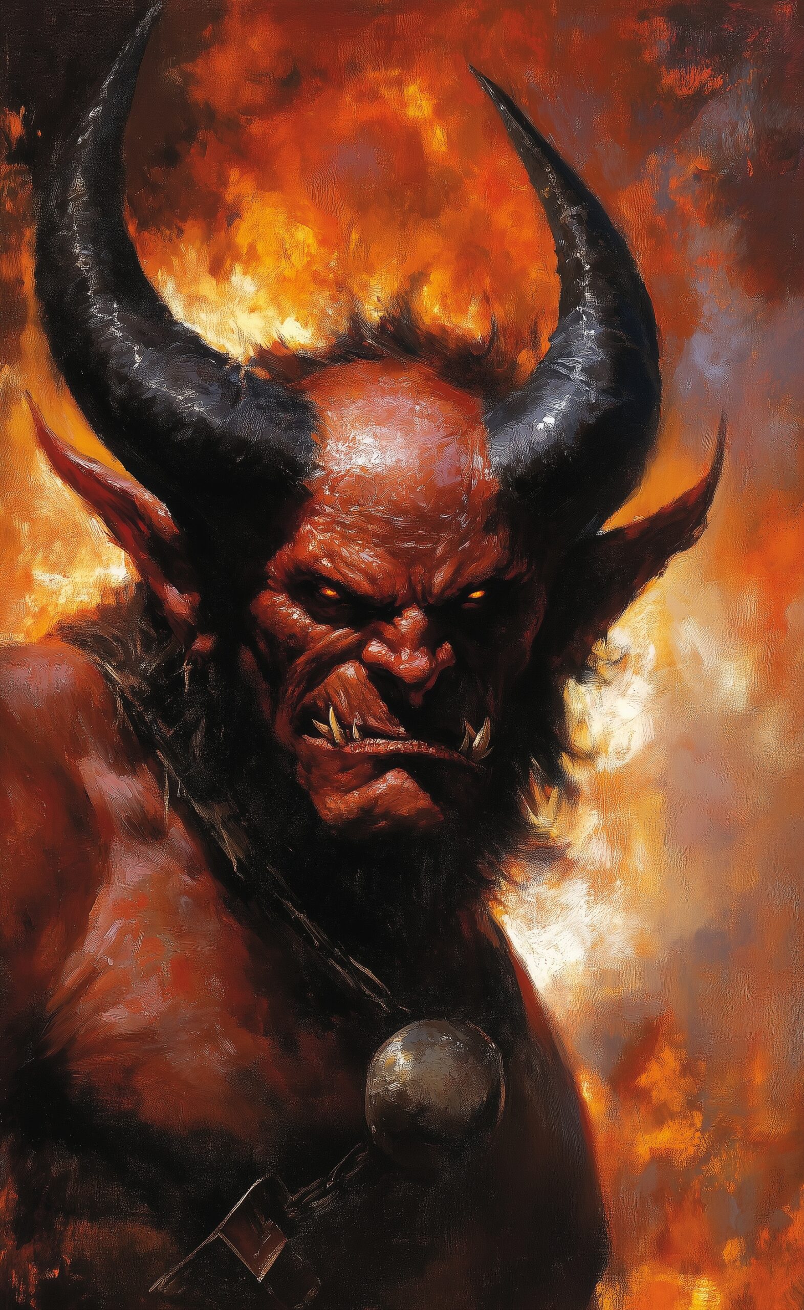 A red-skinned goblin with black horns, in the background, there is fire and smoke. Painted in the style of frank frazetta. --ar 79:128 --v 6. 1