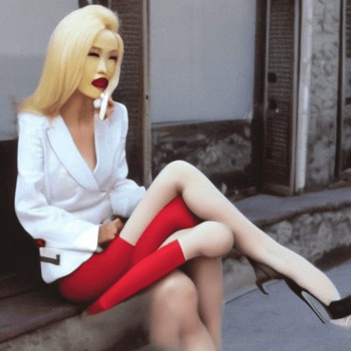 Evelyn lin with blond hair, red stockings and red high heels smoking a cigarette and enjoying the smoke.
