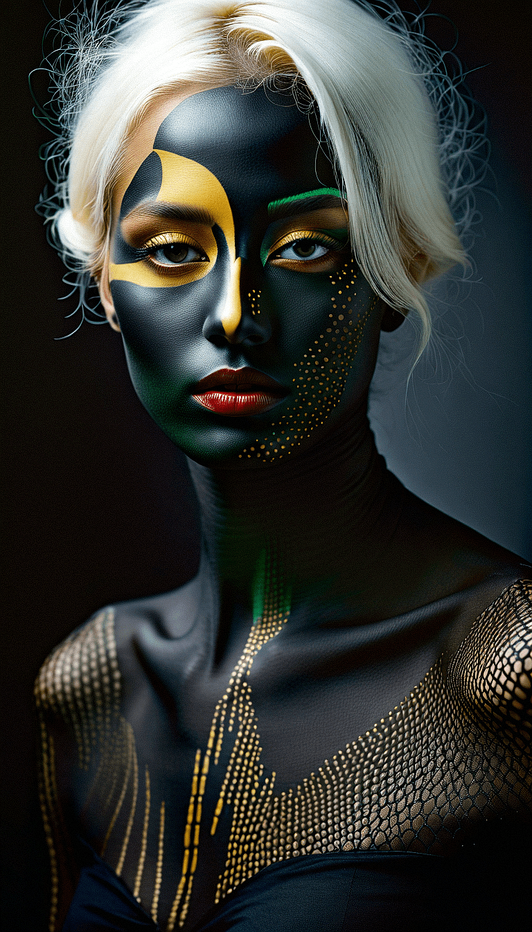 An image of a woman with a hyperrealistic style, showcasing an elaborate body paint design. The skin should be painted in segments of black, gold, and green, with patterns that mimic flowing lines and dots. The face features an asymmetrical mask-like effect, with one eye highlighted in gold and the other in green, complemented by matching eyeshadow. The lips are a vibrant red, contrasting with the face paint. The figure's blonde hair is tousled, enhancing the fantastical element. The image should blend the precision of hyperrealism with the creativity of fantasy body art. "