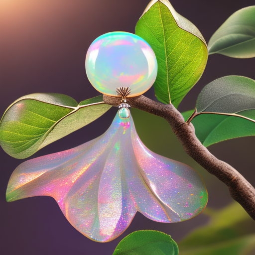 A delicate apple made of opal hung on branch in the early morning light, adorned with glistening dewdrops. In the background beautiful valleys, divine iridescent glowing, opalescent textures, volumetric light, ethereal, sparkling, light inside body, bioluminescence, studio photo, highly detailed, sharp focus, photorealism, photorealism, 8k, best quality, ultra detail