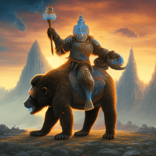Digital artwork of a fantastical chess game set in the foreground with a towering dark monkey and a glowing bear as the central figures. The knight is infused with volcanic energy, with cracks of lava throughout its armor, while the queen radiates celestial light and power. They are surrounded by standard chess pieces that pale in comparison to their grandeur. The background shows a city skyline under a twilight sky, where the boundaries between a cyberpunk metropolis and an apocalyptic realm blur. The scene is charged with an intense clash of elemental energies, symbolizing a strategic battle of epic proportions. Robiness. Masterprompter.
