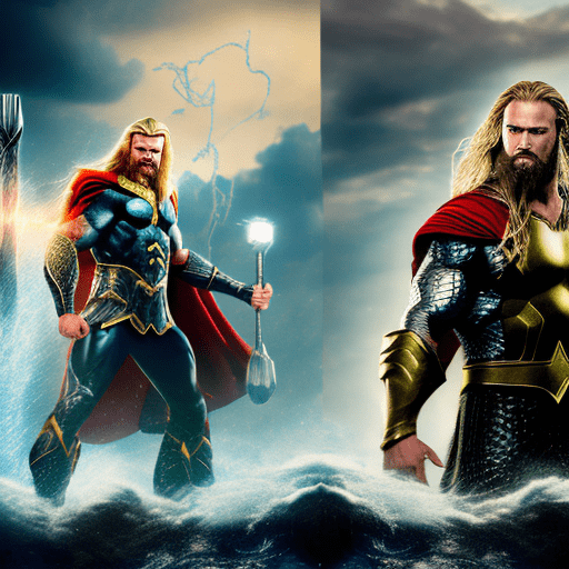 High resolution photography of thor vs aquaman at the sky, thor looking aquaman and aquaman too, with a war pose, and with their full powerfull mode; 8k, intricate detail, photorealistic, realistic light, wide angle, kinkfolk photography, cinematic